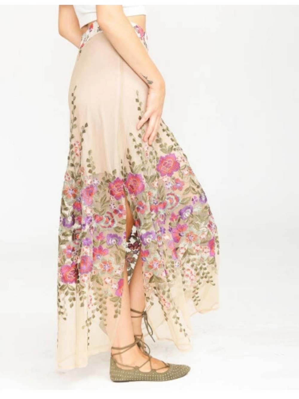 Beige Floral Embroidered Maxi Skirt - Beige with Purple & Pink Flowers